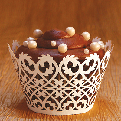 Cupcake Wrappers White Filigree Design