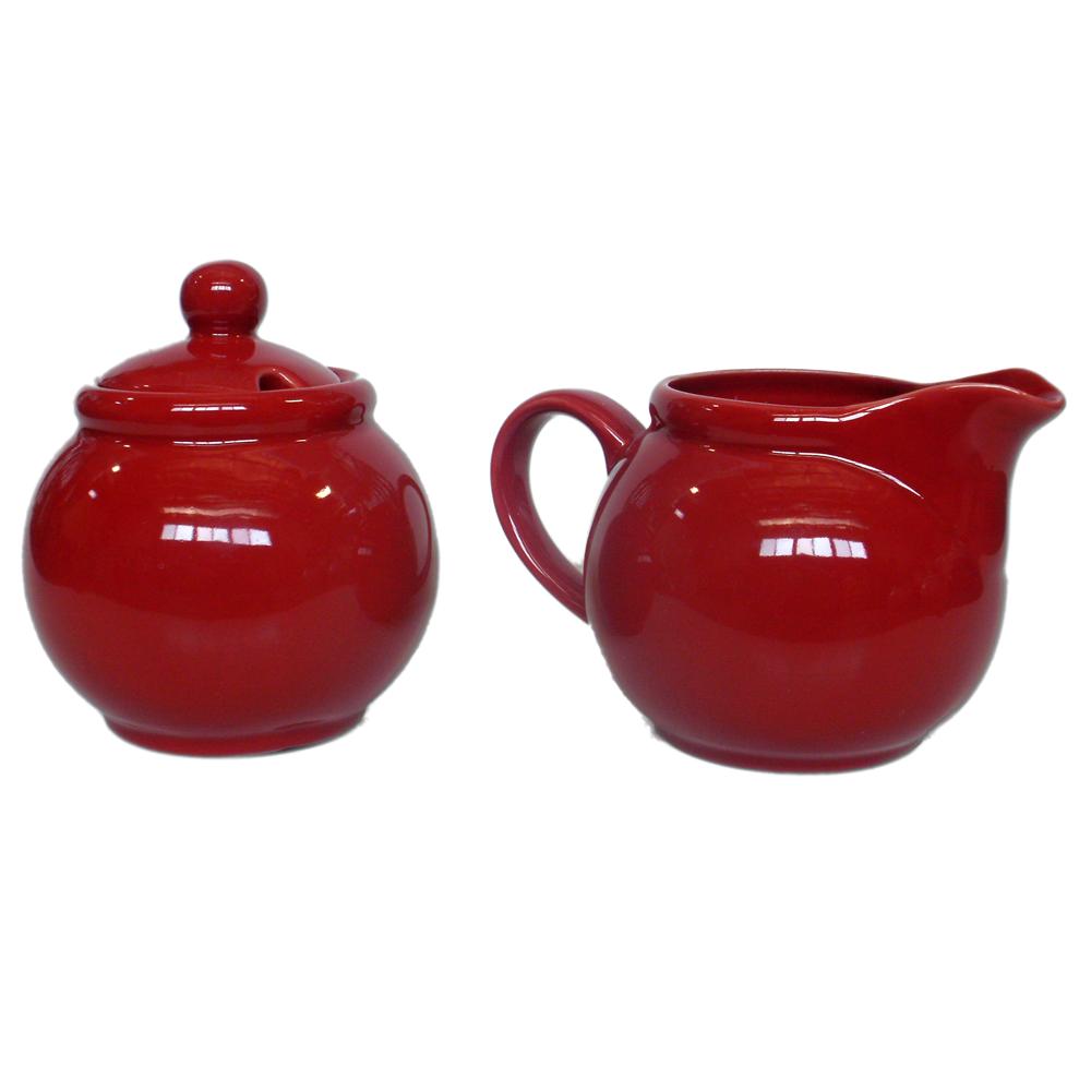 Ceramic Creamer and Sugar Set with Sugar Spoon Slot Red