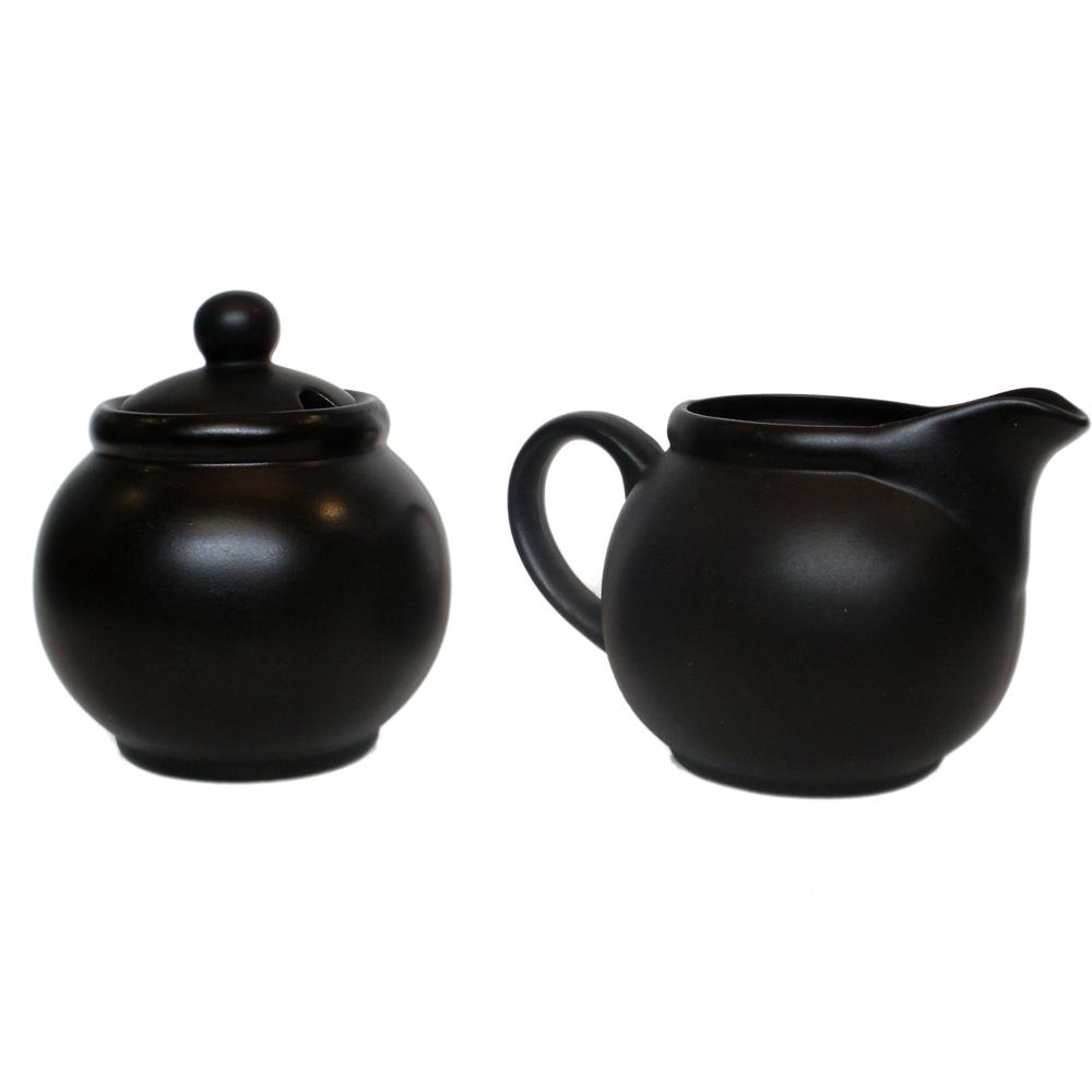 Ceramic Creamer and Sugar Set with Sugar Spoon Slot Matt Black
